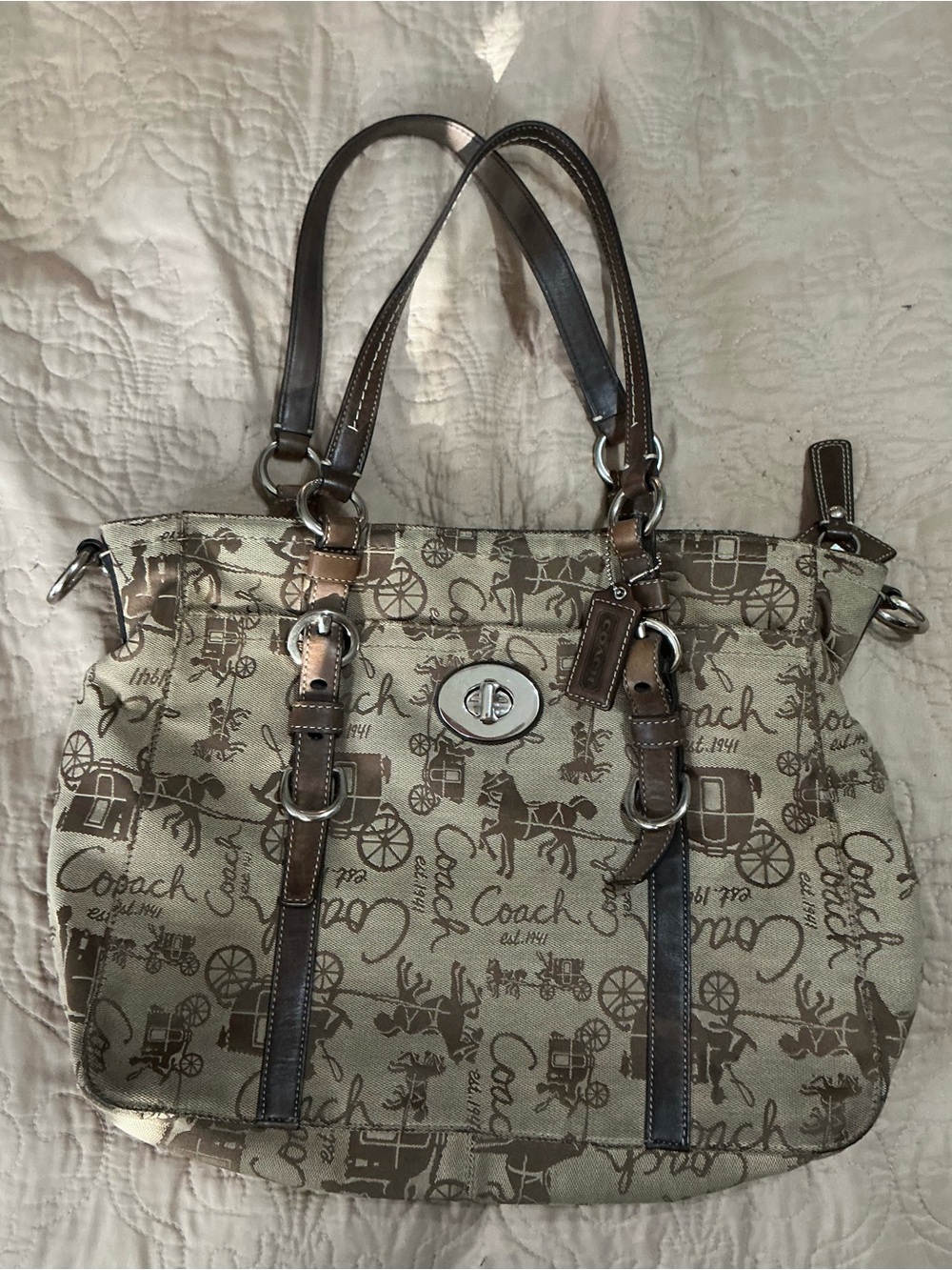 Coach Beige Canvas Signature Tote with Brown Leather Trim